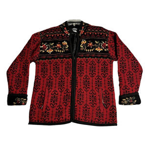 Icelandic Design Nordic full zip sweater red with floral embroidery size small